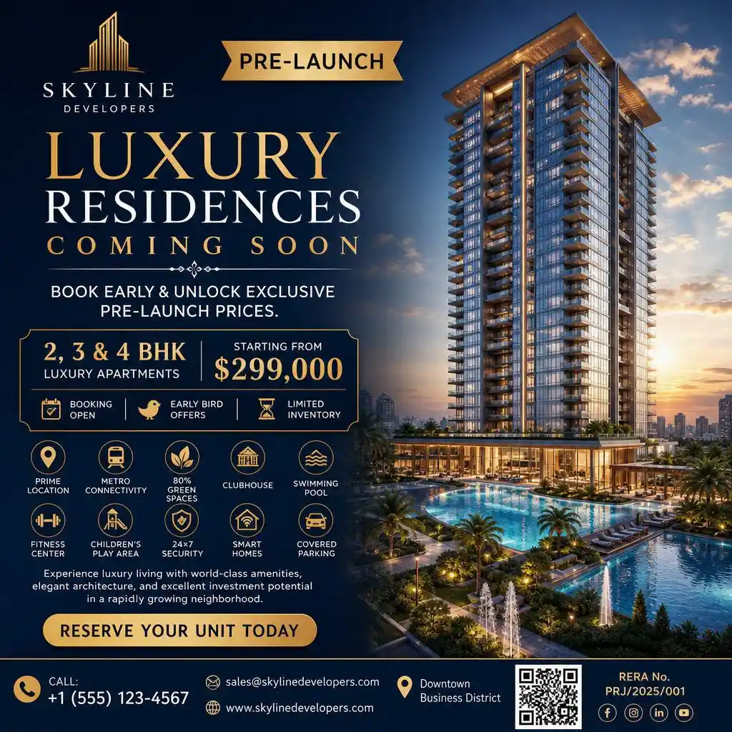 Pre-launch real estate project flyer showcasing luxury apartments with early booking offers and amenities.
