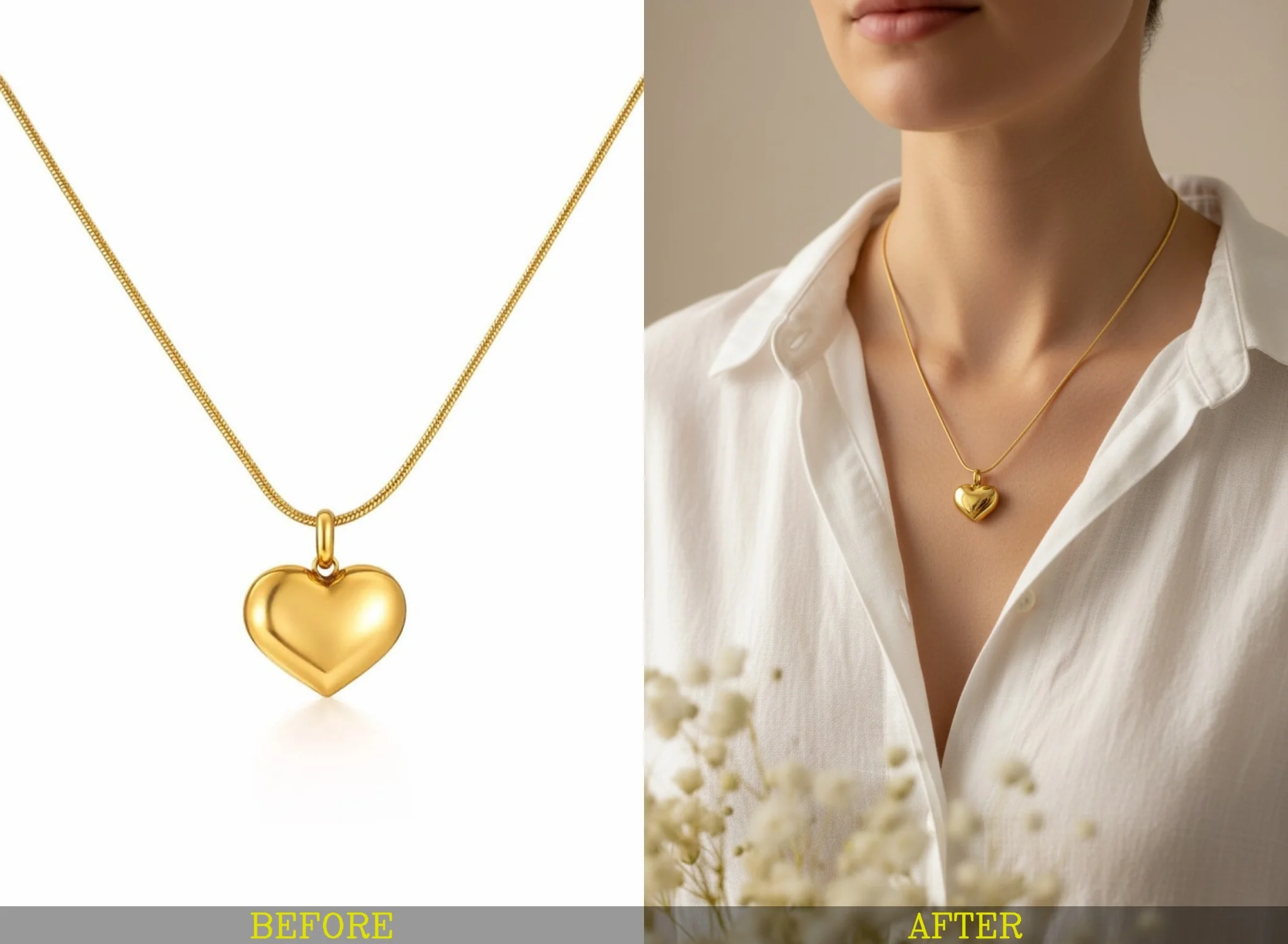 Before and after of a plain necklace transformed into a luxury jewelry advertisement on a model.