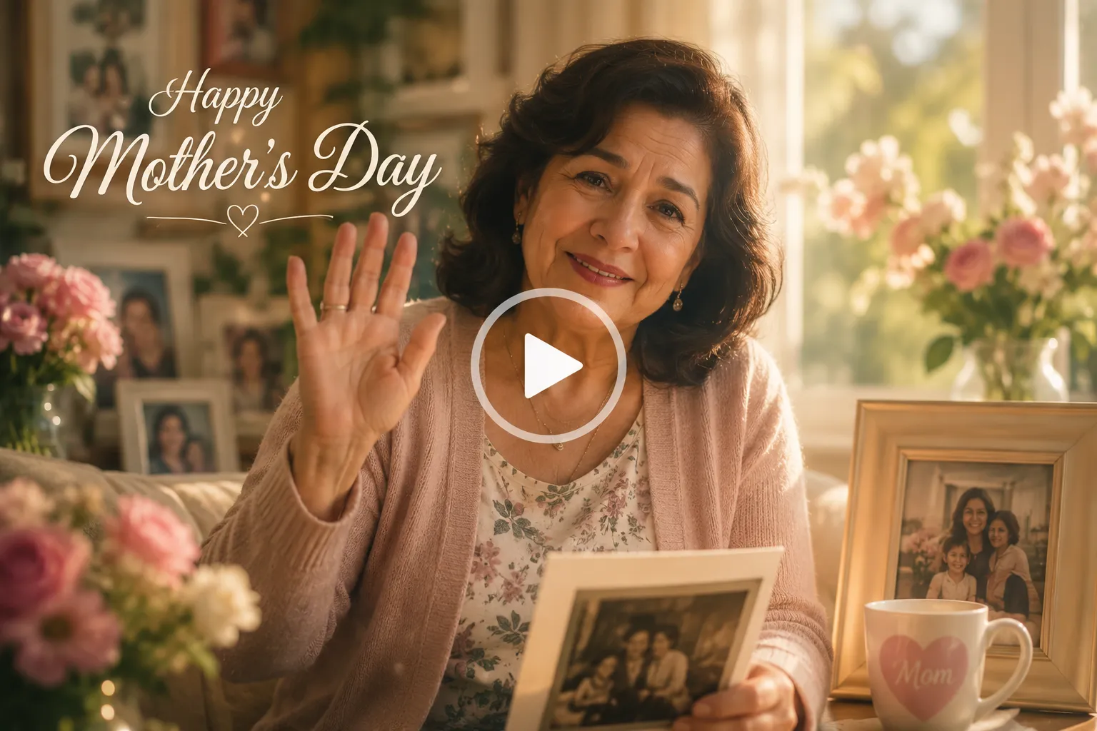 Video frame screenshot of Mother smiling in a cozy home with family photos.