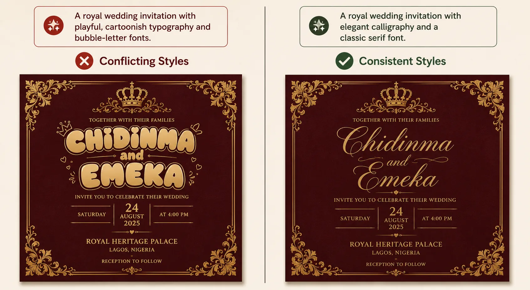 Side-by-side comparison of two royal wedding invitations showing how conflicting typography styles clash with the design while consistent typography creates a cohesive and elegant invitation.
