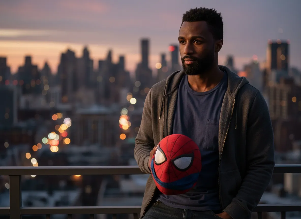 Man holding a Spider-Man mask while wearing casual clothes in a city setting.