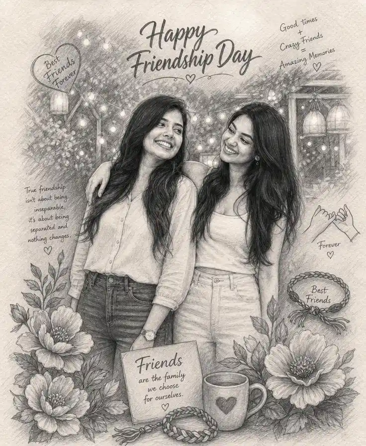 A detailed pencil sketch of two best friends with realistic shading and artistic hand-drawn textures.