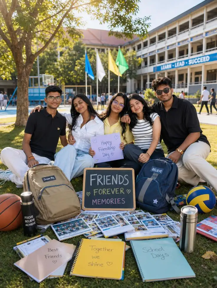 A group of school friends posing together on campus surrounded by school bags, notebooks, and playground memories.