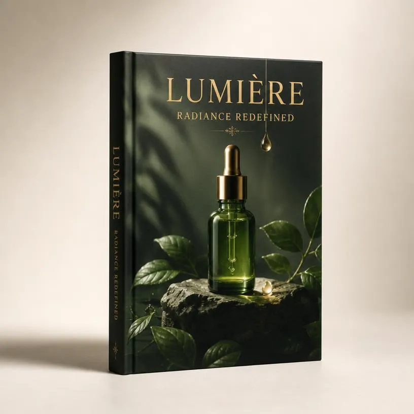 Premium hardcover book standing at an elegant angle in a minimal studio advertising setup.