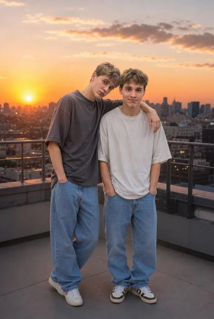 Two best friends standing on a rooftop at sunset, smiling together with a glowing city skyline and warm golden-hour sky in the background.