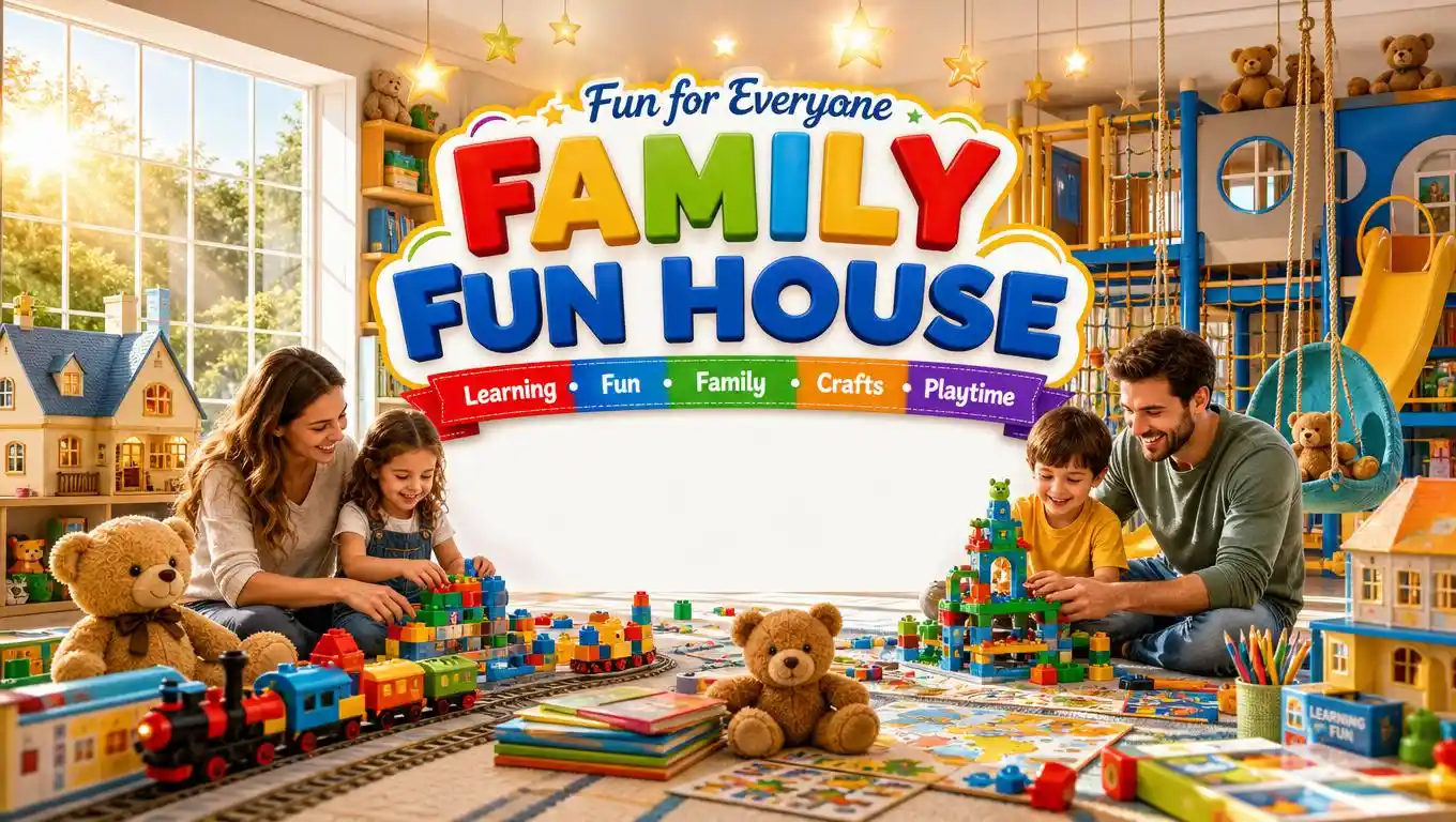 Happy family playing together in a bright and colorful playroom.