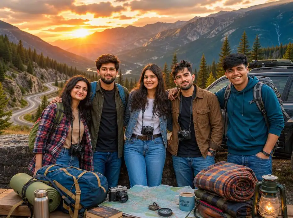 A group of friends posing during a road trip with mountains, camping gear, and a scenic highway backdrop.