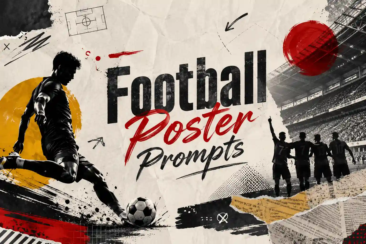 Creative football poster banner with bold "Football Poster Prompts" text and dynamic sports collage.