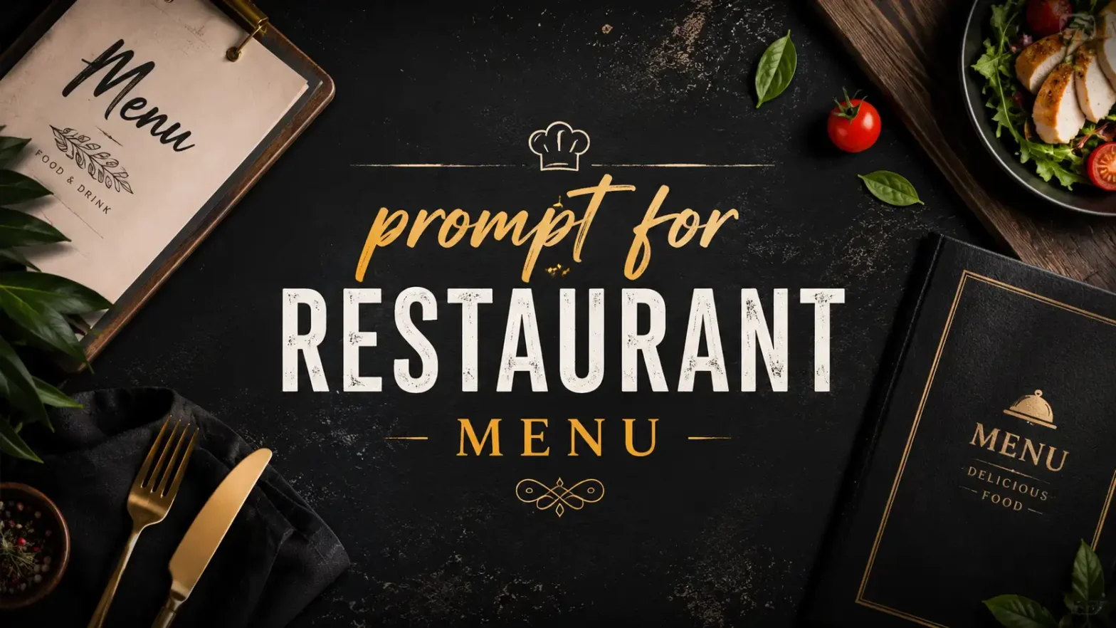Professional restaurant menu banner with gourmet food, menu cards, and "Prompt for Restaurant Menu" title.