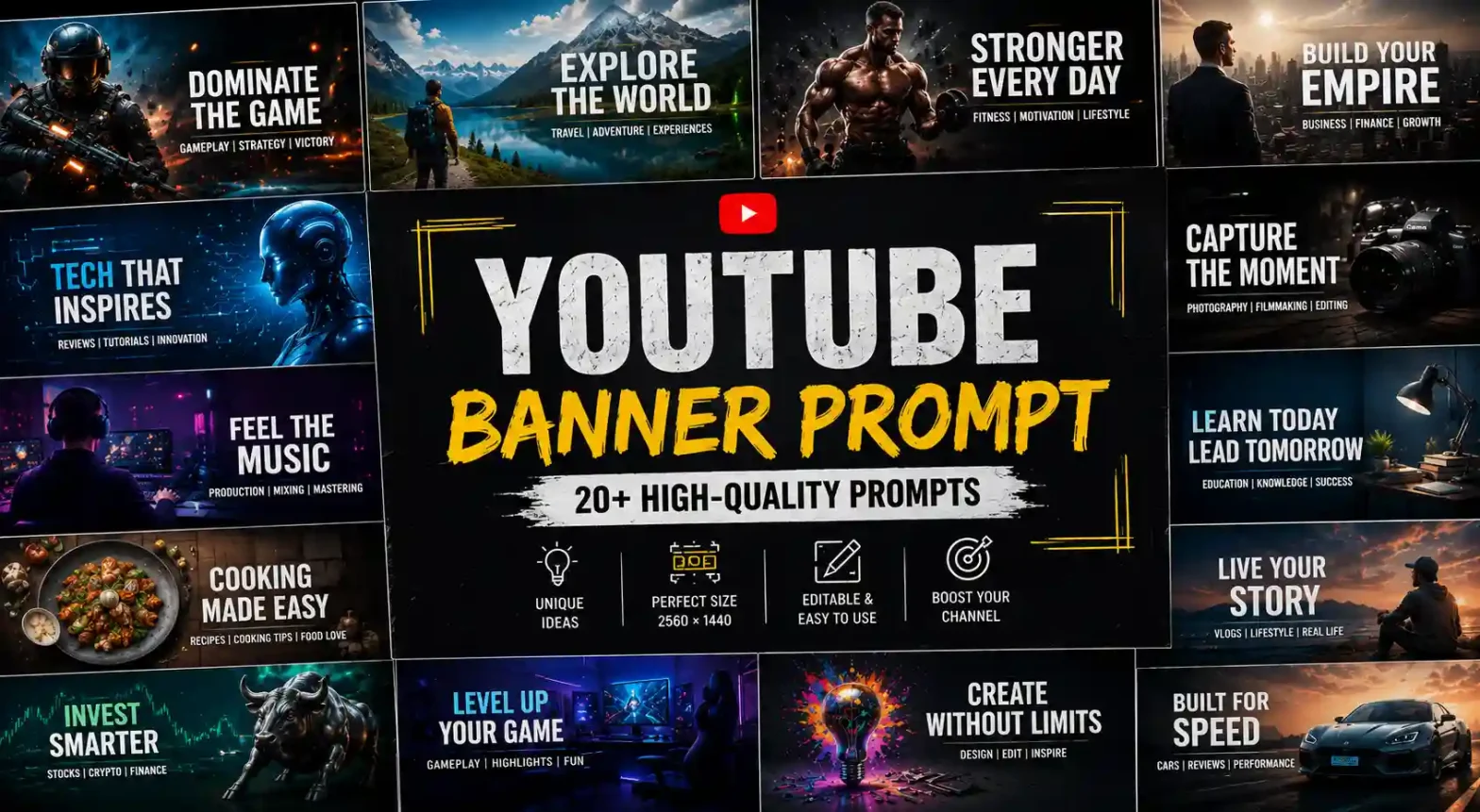Collage-style blog banner featuring YouTube banner examples from different niches with the title "YouTube Banner Prompt: 20+ High-Quality Prompts" in the center.