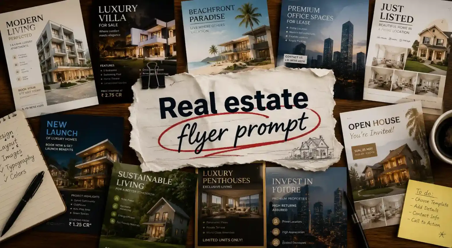 Collection of AI-generated real estate flyer designs with blog title.