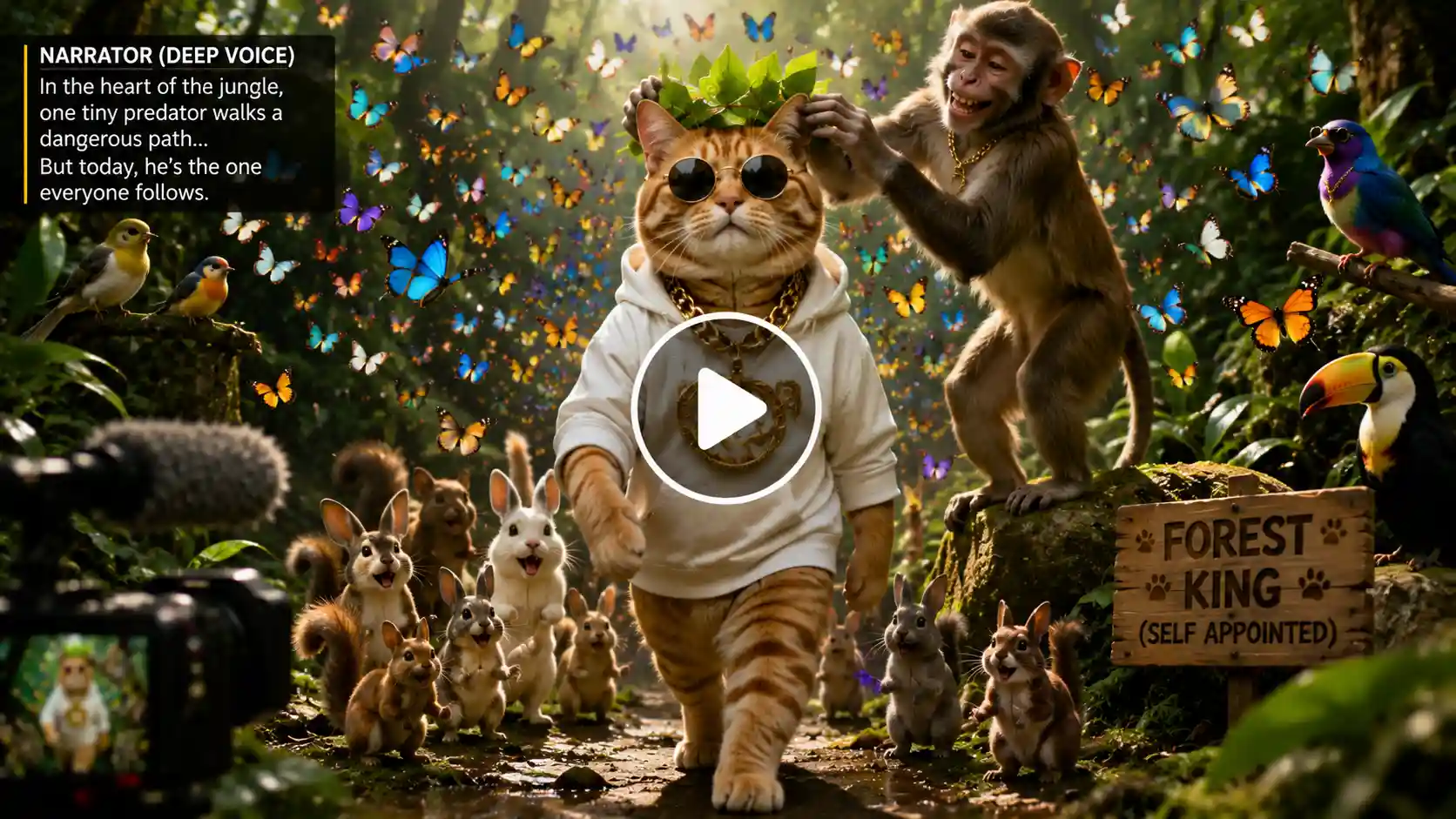 A stylish cat wearing sunglasses and a hoodie walks through a jungle as butterflies surround it and forest animals follow like loyal fans.