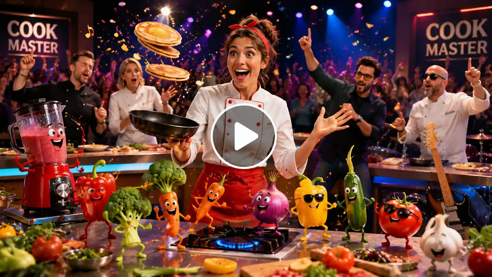 A cheerful woman chef stands in the center of a magical cooking competition while dancing vegetables, a singing blender, and celebrating judges fill the kitchen.