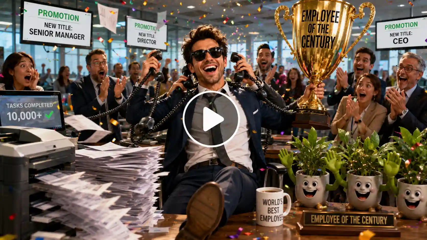 A confident office worker celebrates with a giant trophy as coworkers cheer, phones ring nonstop, papers fly, and smiling office plants applaud.