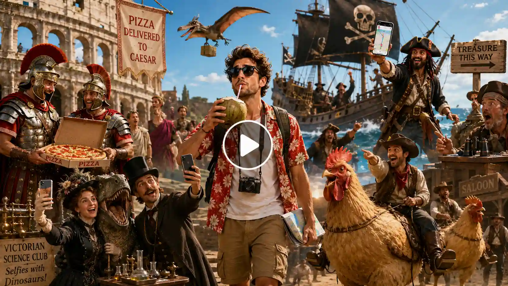 A confused traveler walks through a hilarious historical mashup where Romans eat pizza, pirates use GPS, cowboys ride giant chickens, and Victorians take dinosaur selfies.
