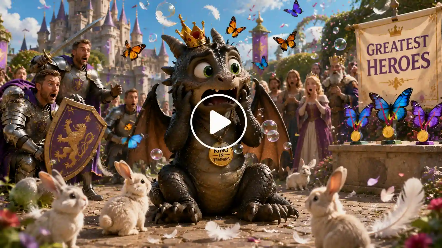 A frightened baby dragon sits in a colorful fantasy kingdom while brave knights defend it from harmless butterflies, rabbits, feathers, and bubbles.
