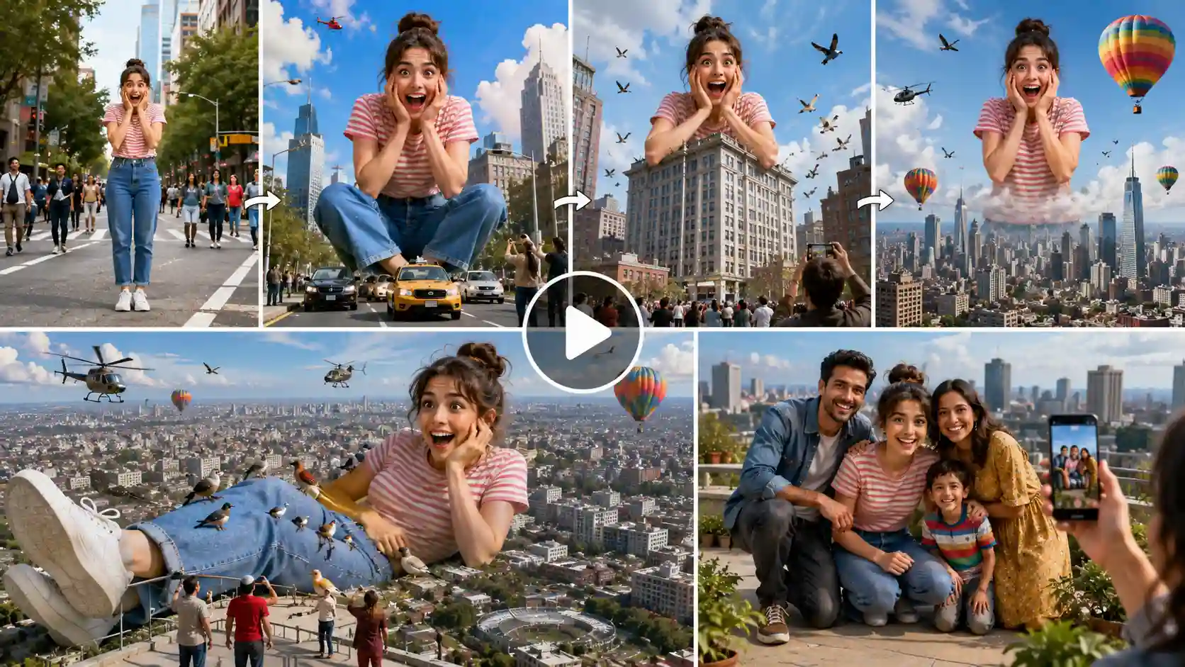 A giant young woman towers above a city as people wave, take selfies, helicopters circle overhead, and birds rest on her while colorful balloons float nearby.