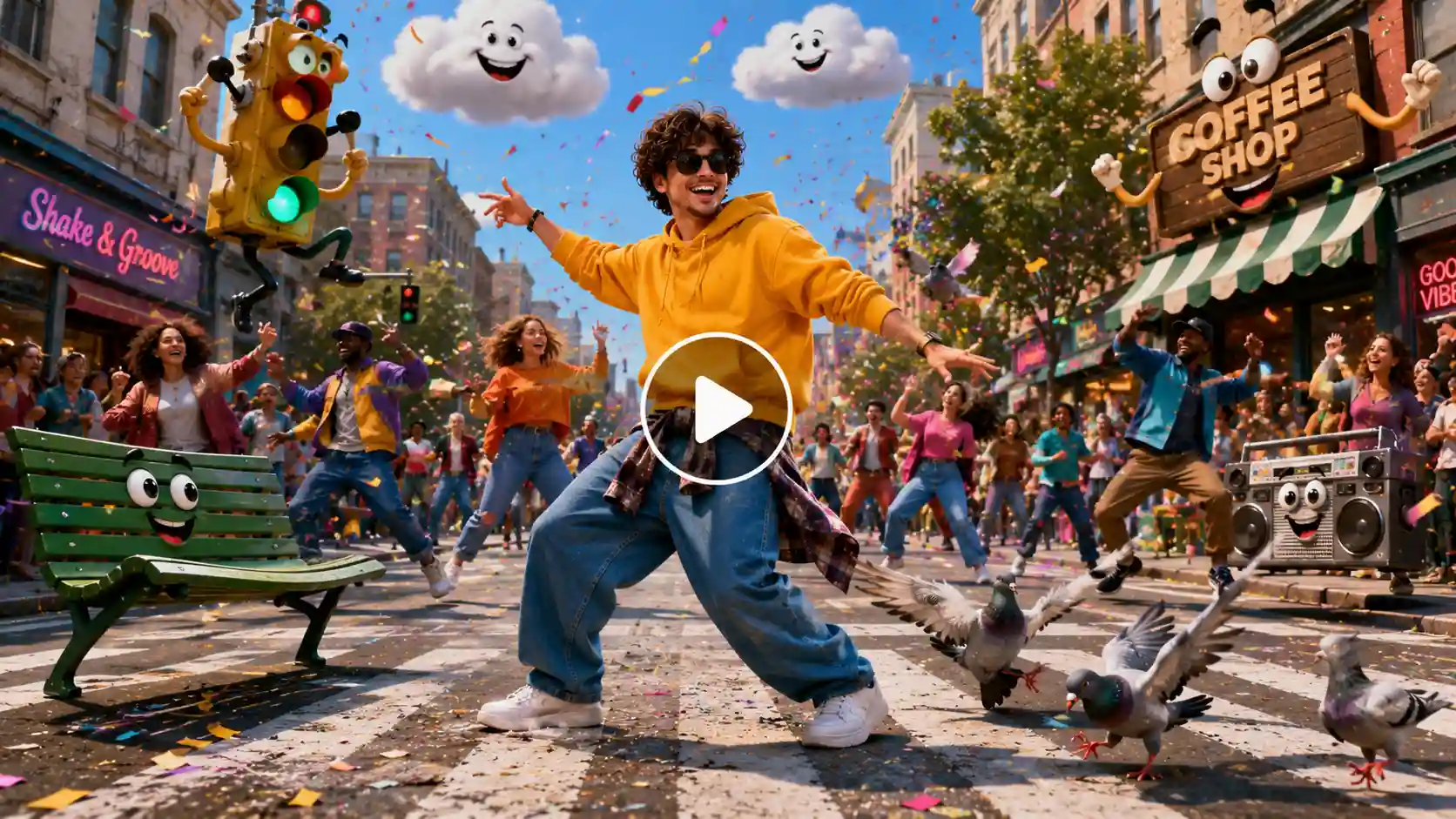 A happy young man dances in the middle of a lively city street where traffic lights, benches, pigeons, shop signs, and even clouds join a giant dance party.