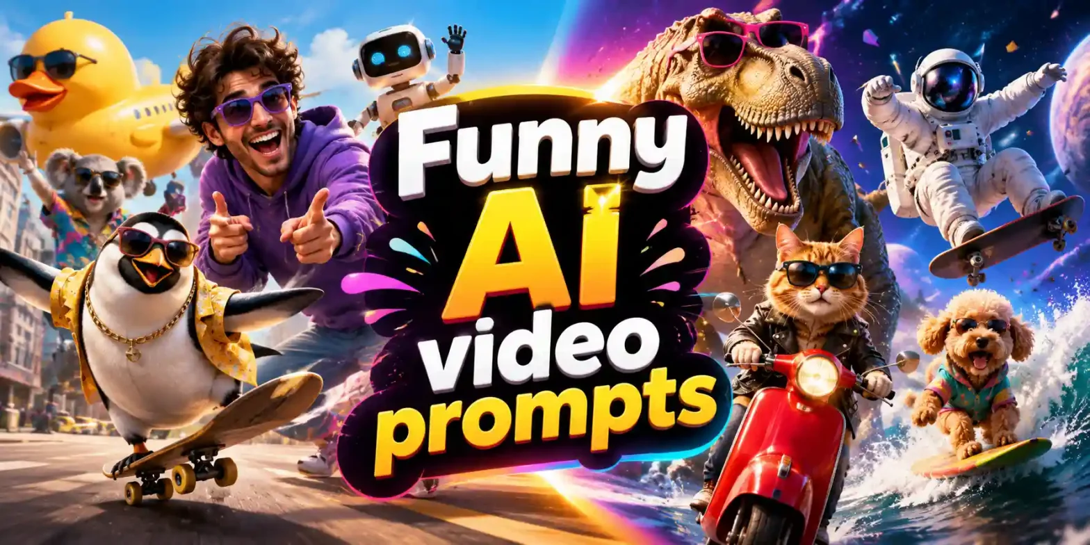 Landscape banner with the text "Funny AI Video Prompts" surrounded by colorful, humorous characters in a vibrant cinematic scene.