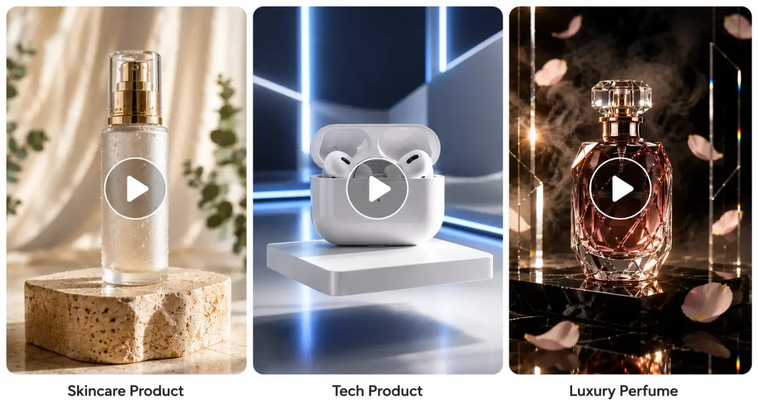 A product-video scene montage showing how a structured brief can separate the subject from different scene and motion versions.