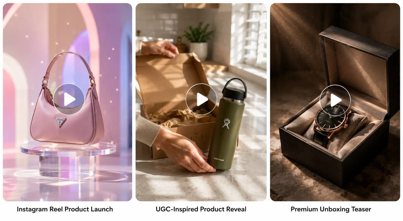 Product, UGC product reveal, and premium unboxing scenes with centered play buttons.