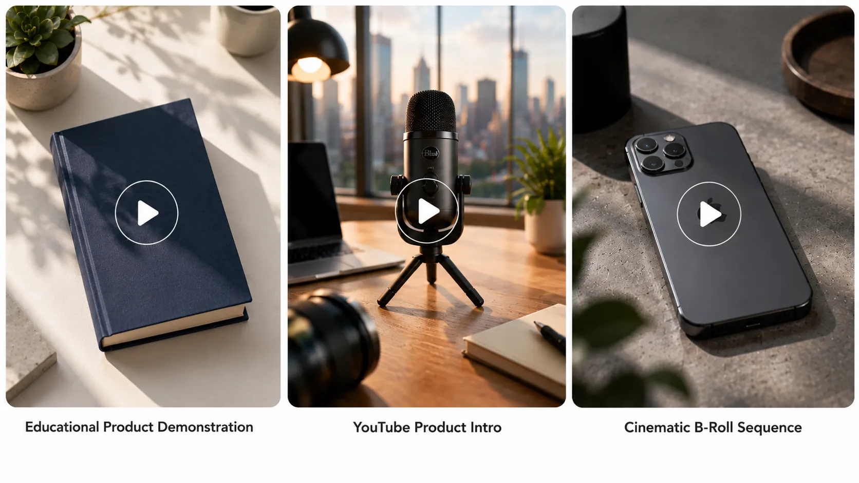 Educational product demonstration, YouTube product intro, and cinematic B-roll product scenes with play buttons.