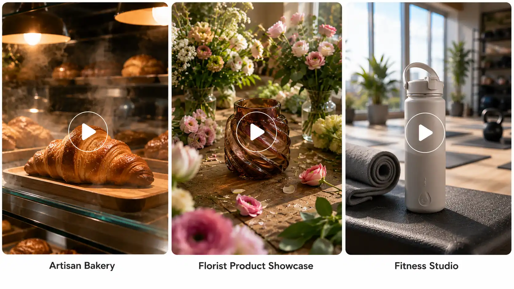 Artisan bakery, florist product showcase, and fitness studio product scenes with centered play buttons.