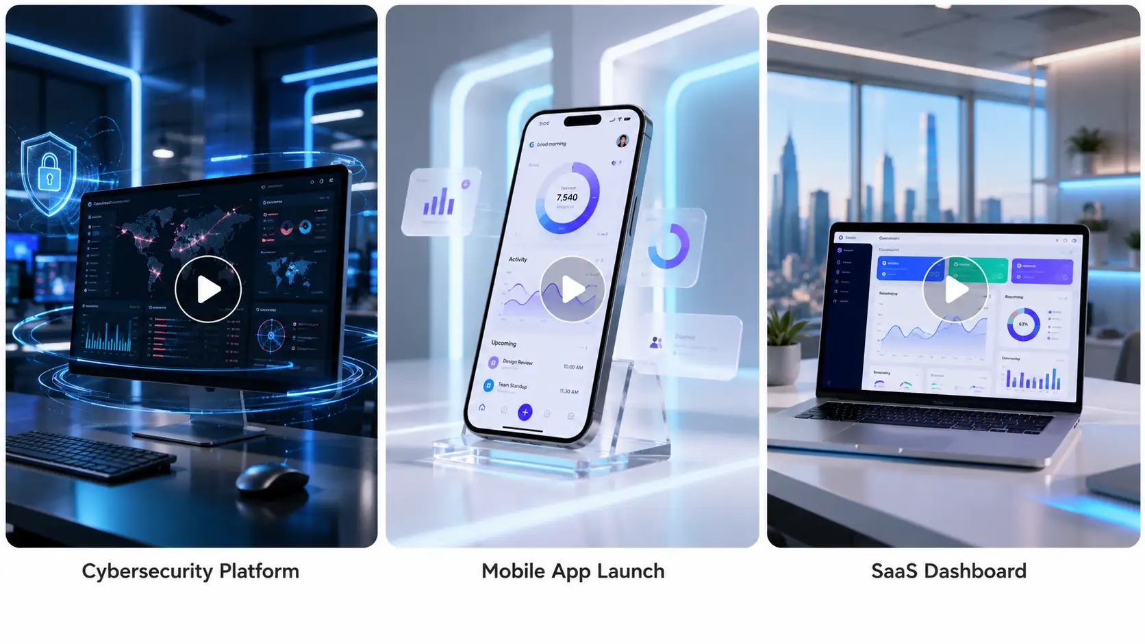 Cybersecurity platform, mobile app launch, and SaaS dashboard shown in modern technology settings with play buttons.
