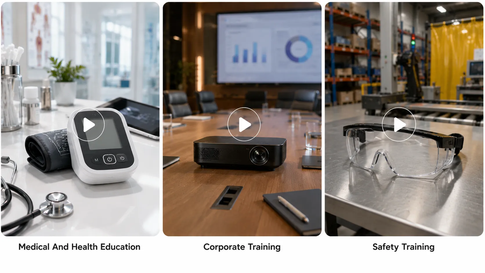 Medical education, corporate training, and industrial safety training product scenes with centered play buttons.