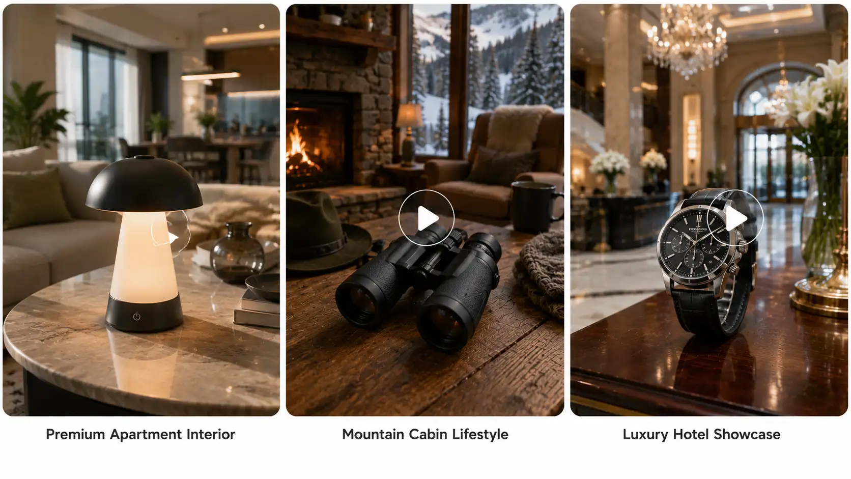Lamp in a modern apartment, outdoor accessories in a mountain cabin, and watch in a luxury hotel setting.