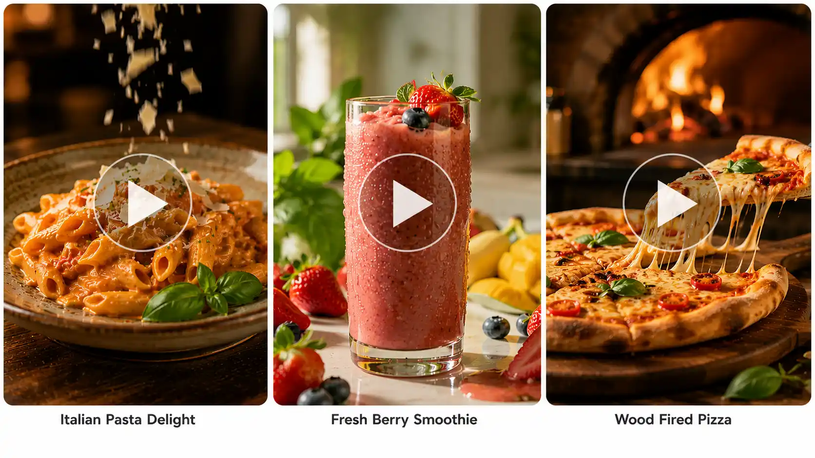Pasta, fresh smoothie, and wood-fired pizza shown in cinematic food commercial scenes with play buttons.