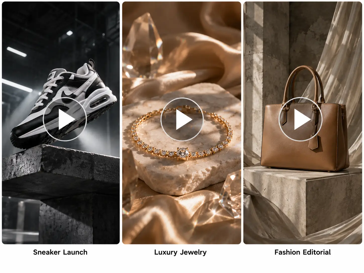 Sneaker launch, luxury jewelry, and fashion editorial product scenes with centered play buttons.