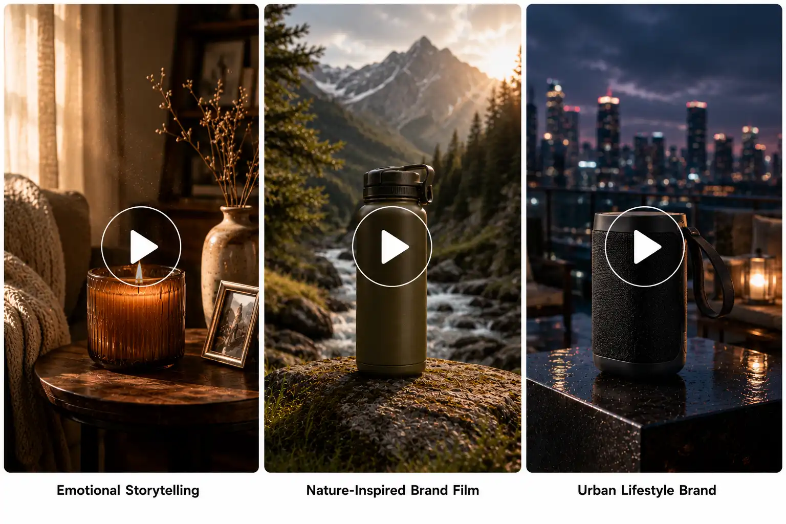 Candle, outdoor water bottle, and portable speaker shown in emotional, nature, and urban brand scenes with play buttons.