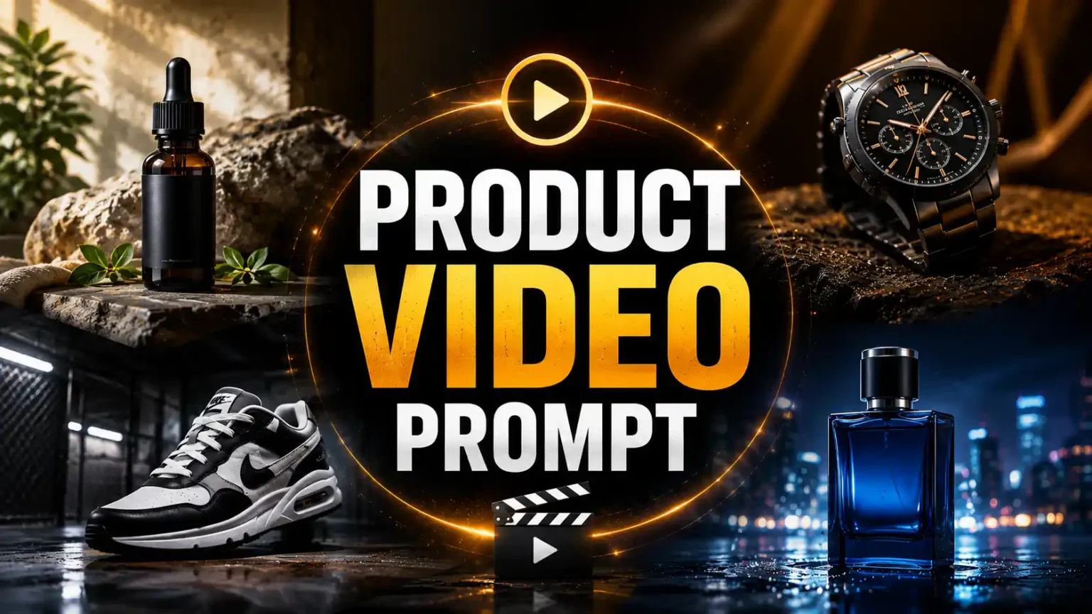 A product-video prompt montage showing different motion and scene directions for static products.