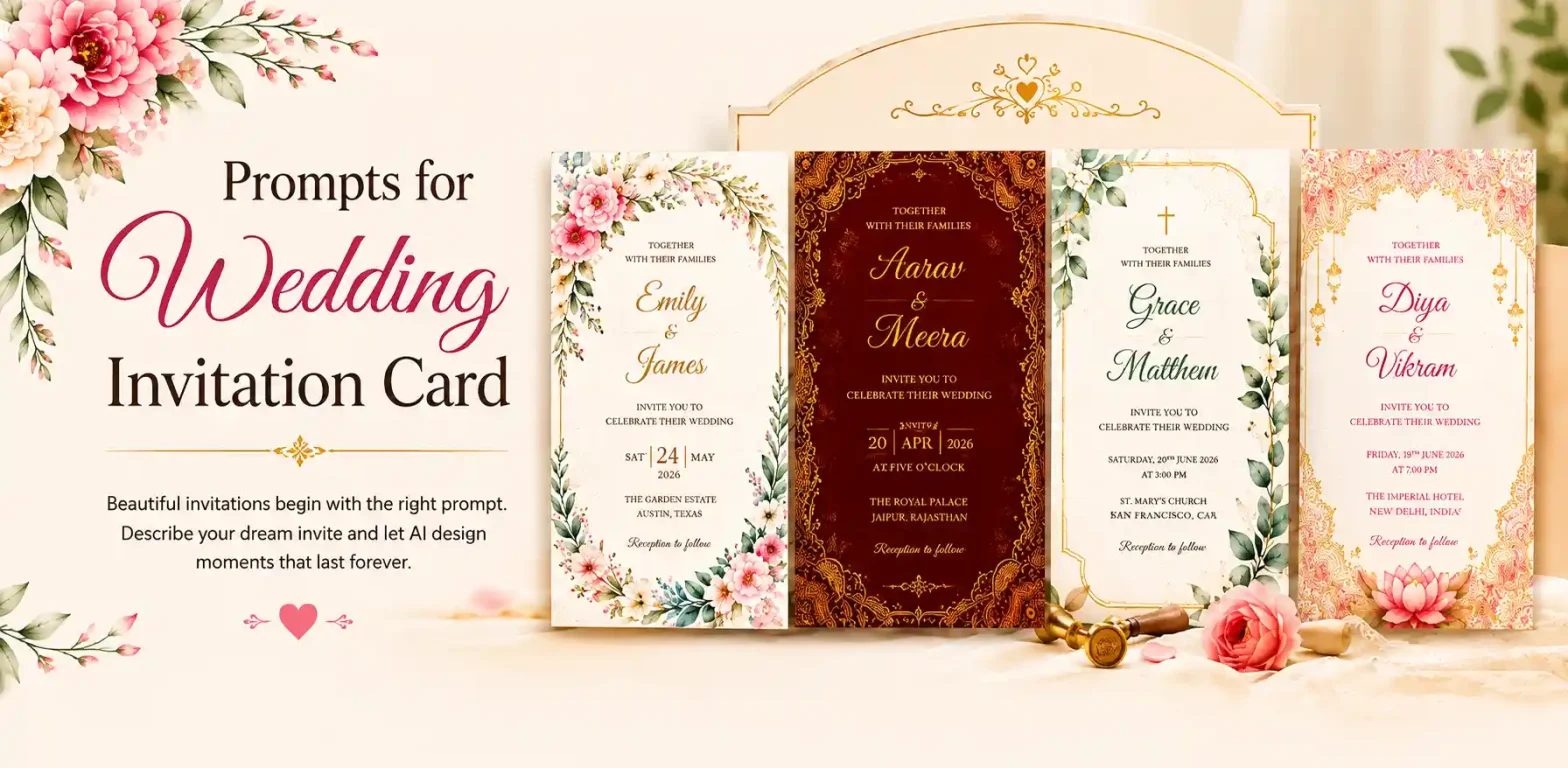 Horizontal banner featuring “Prompts for Wedding Invitation Card” with elegant floral, traditional, Christian, and Indian wedding invitation designs.
