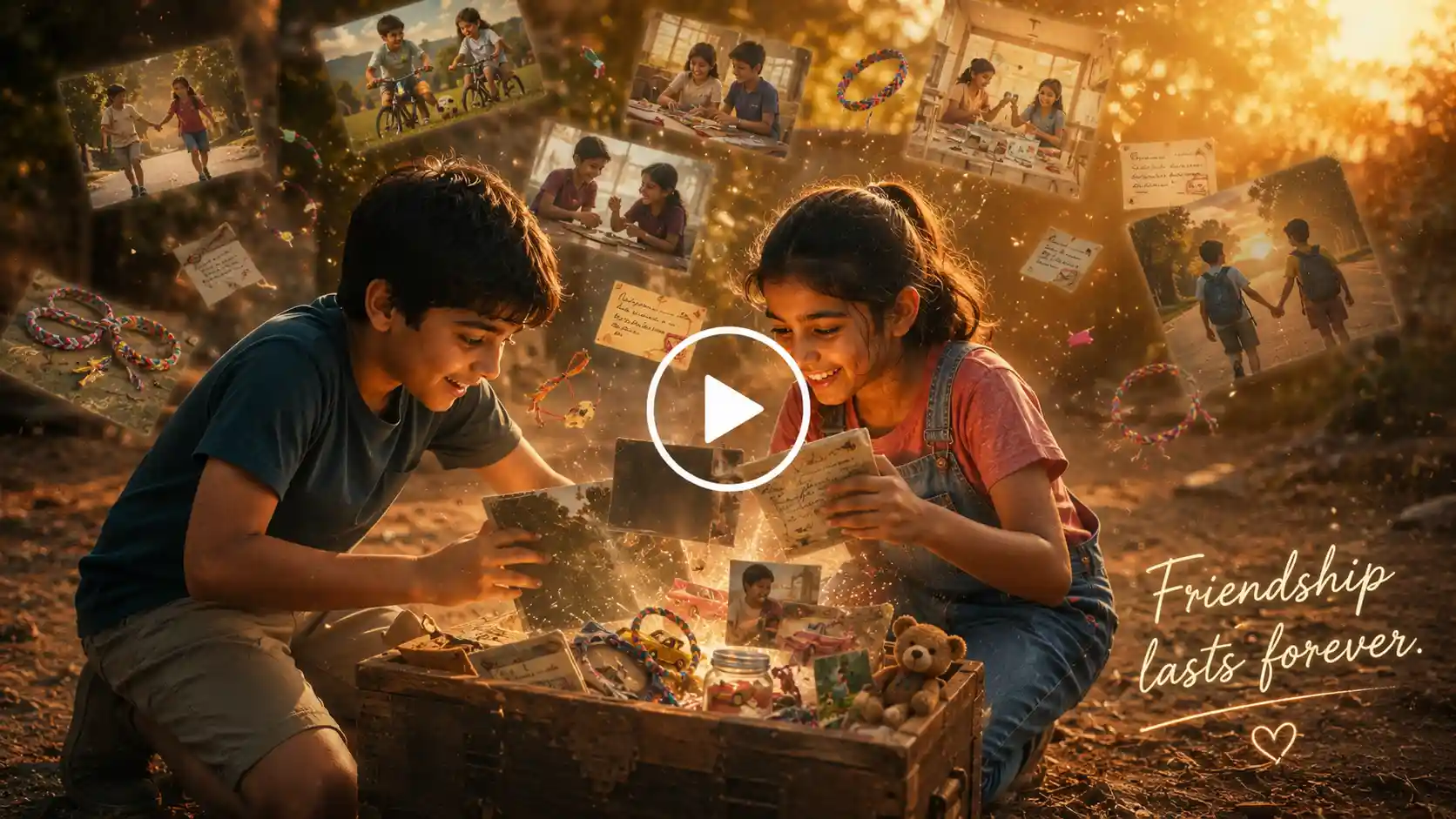 Childhood friends opening a magical time capsule of memories.