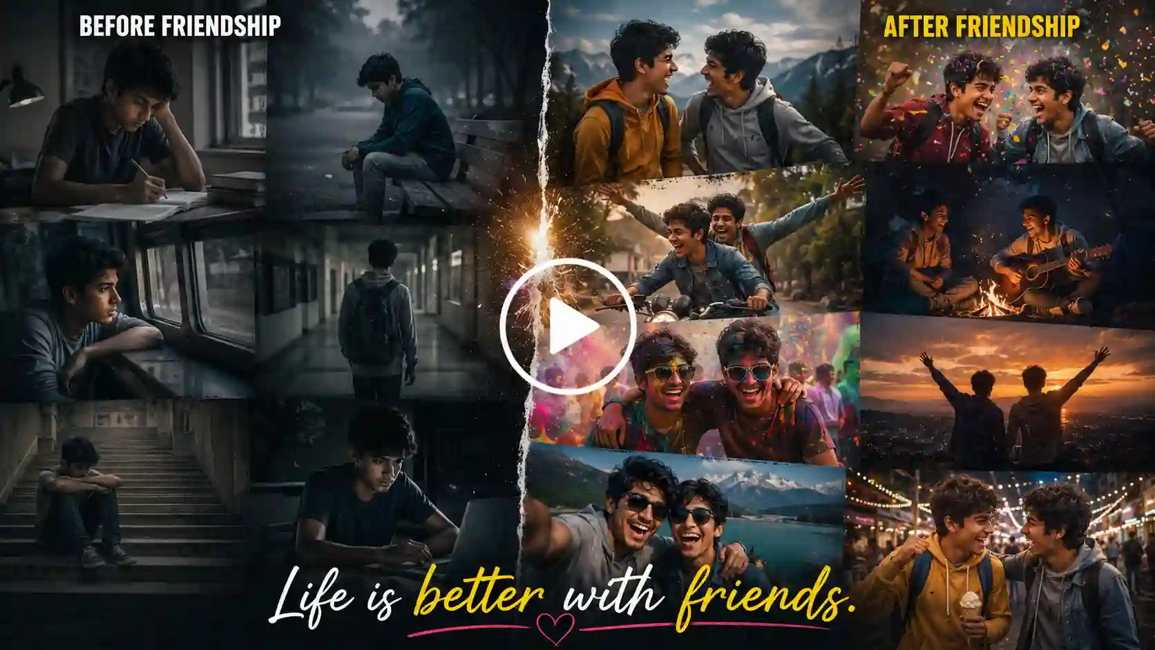Split-screen showing life before and after true friendship.