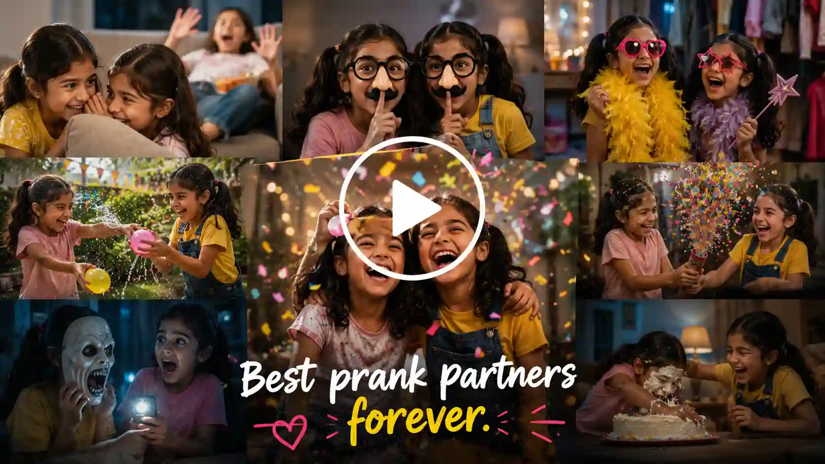 Two young girls celebrating with playful pranks and confetti.