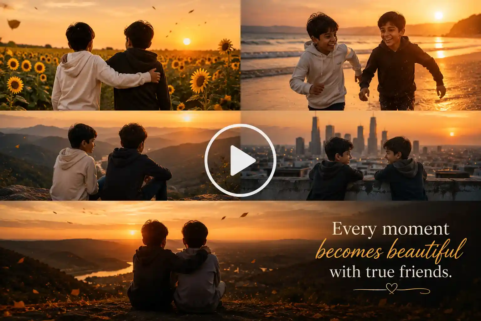Two boys enjoying peaceful friendship across beautiful landscapes.