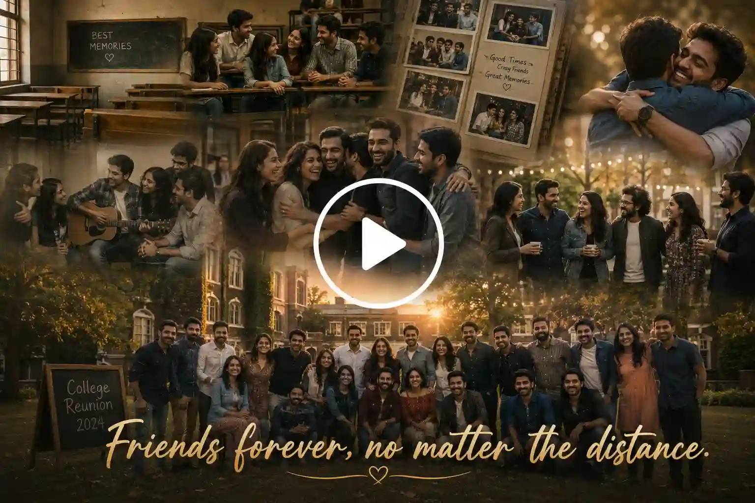 Emotional college reunion with lifelong friends embracing.
