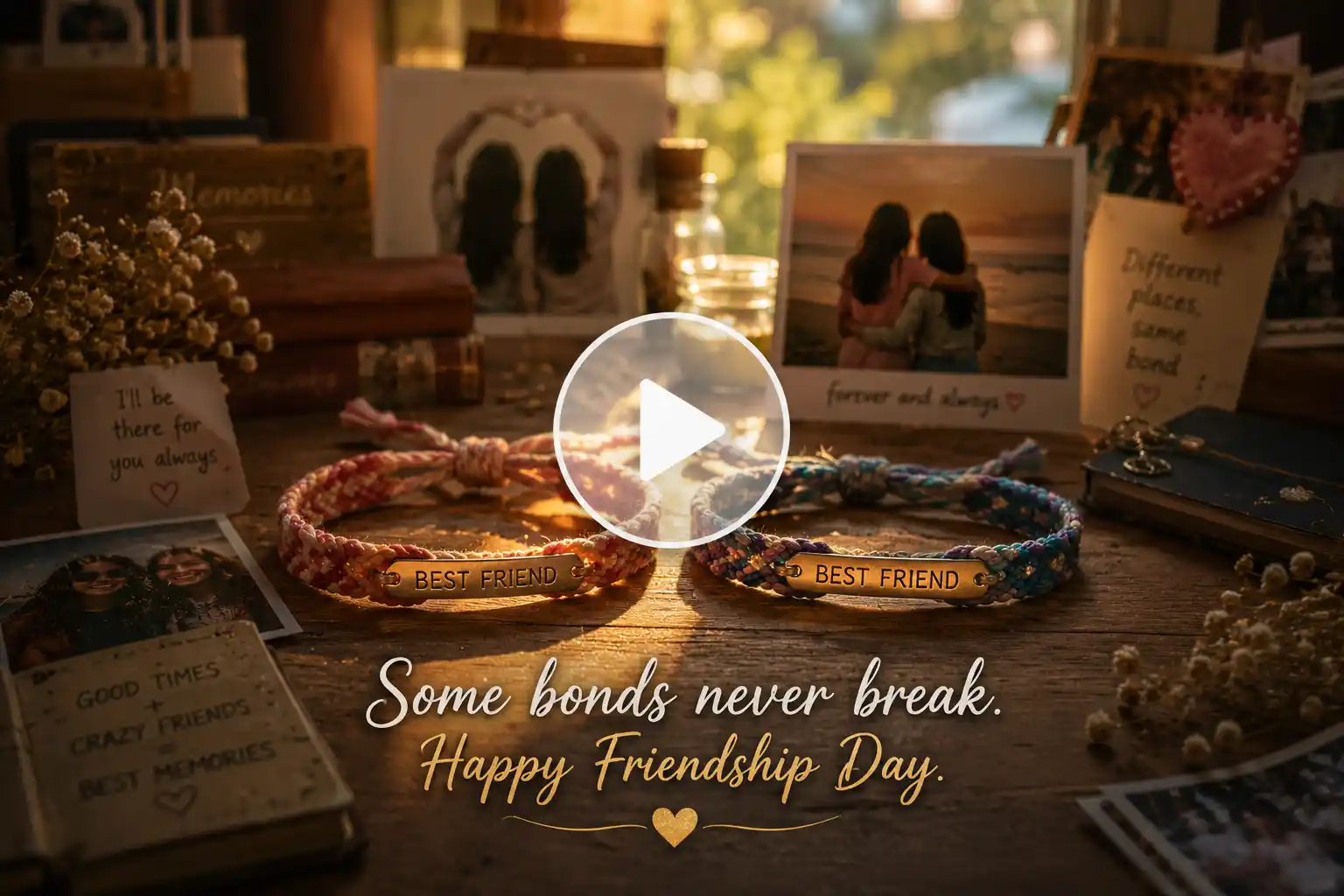 Friendship bracelets surrounded by cherished keepsakes and memories.