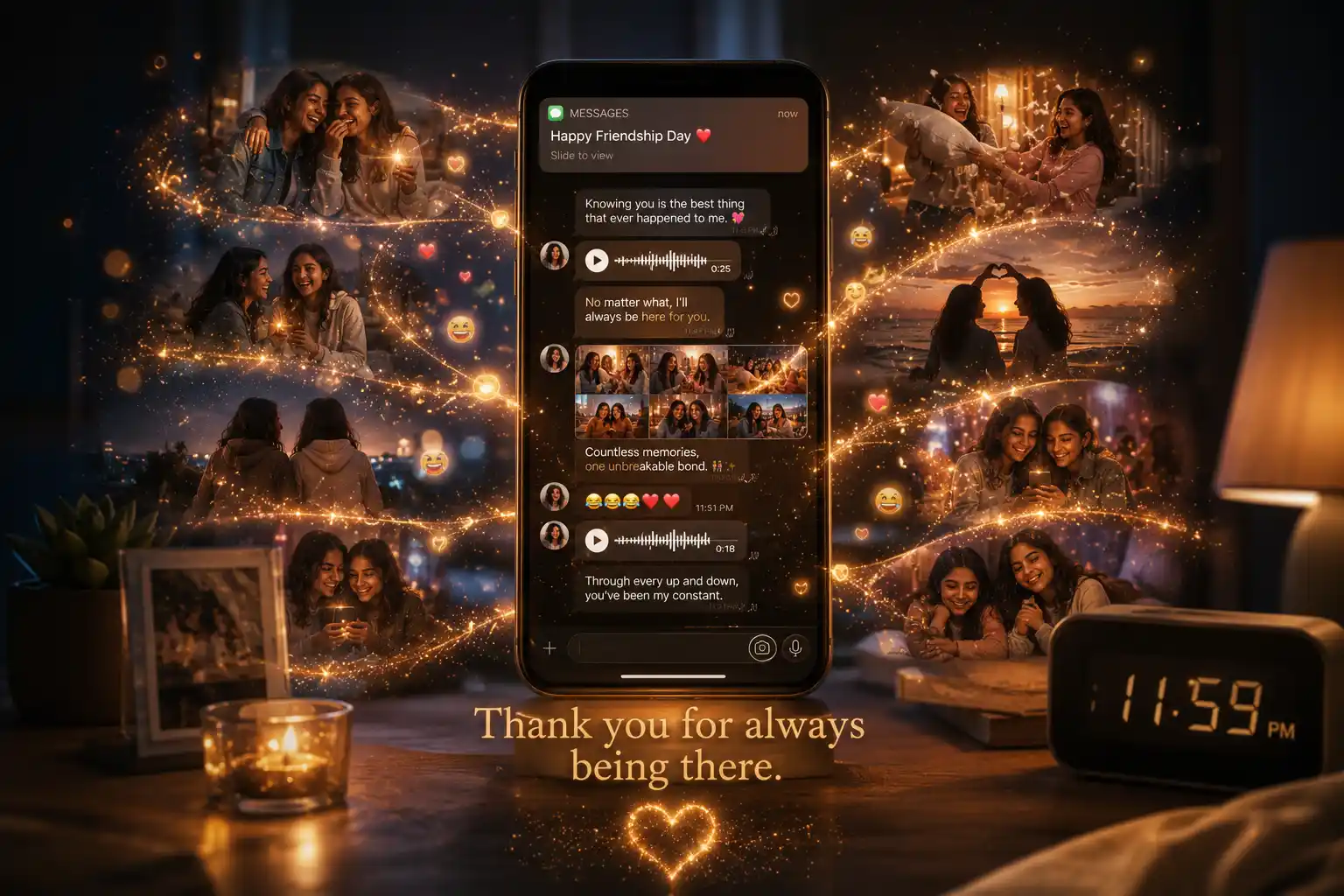 Smartphone displaying years of heartfelt friendship messages.
