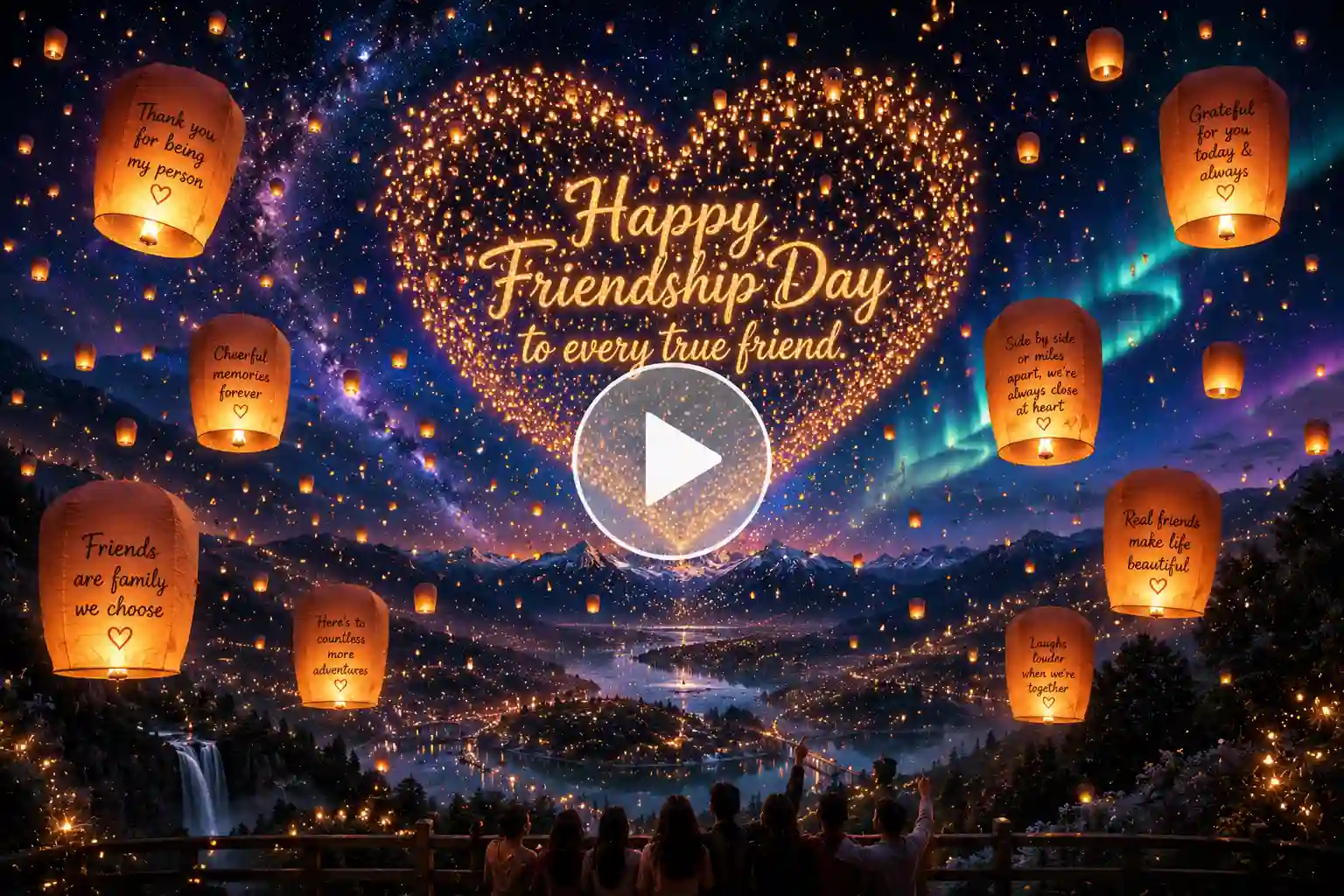 Glowing lanterns forming a heart across the night sky.