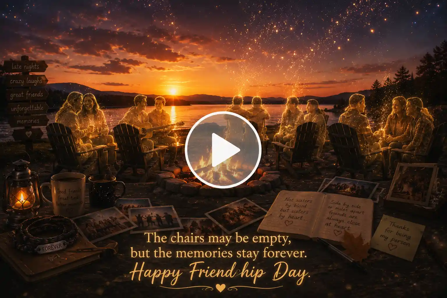 Empty campfire chairs filled with glowing friendship memories.