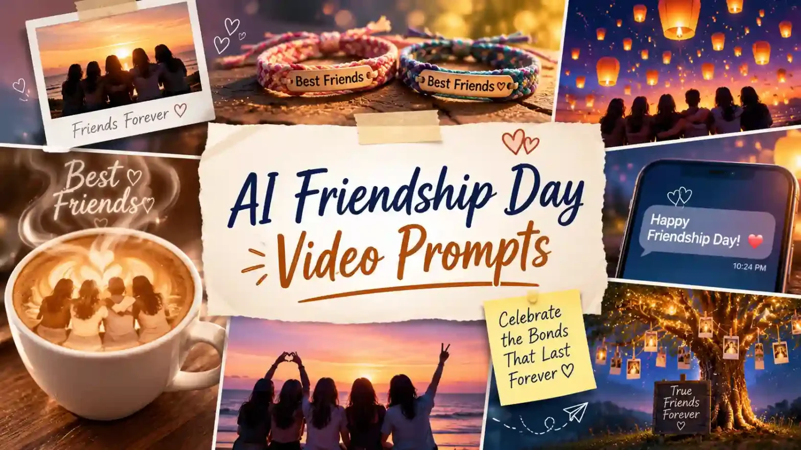 Landscape banner with Friendship Day scenes and the title "AI Friendship Day Video Prompts.