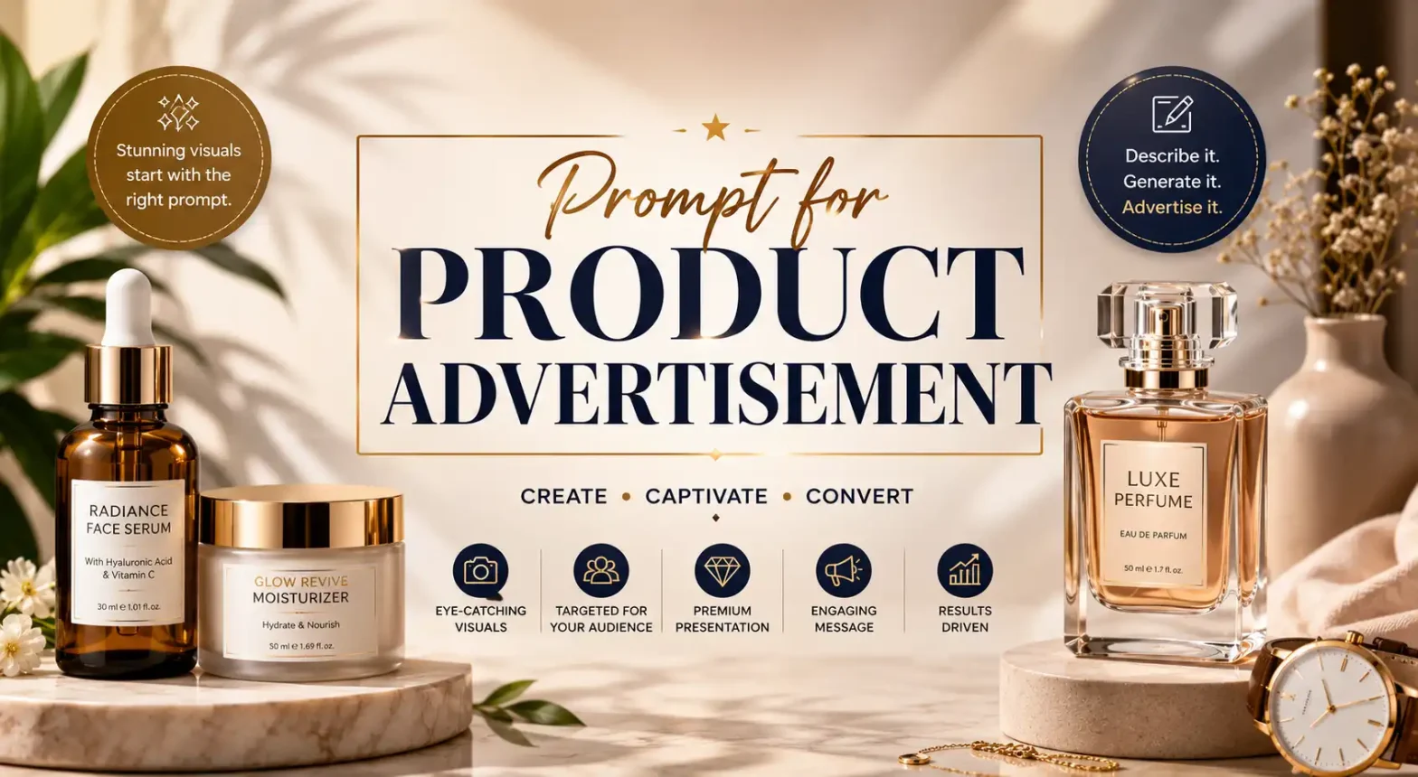 Product advertisement banner featuring AI-generated product ads with skincare, perfume, and luxury products.