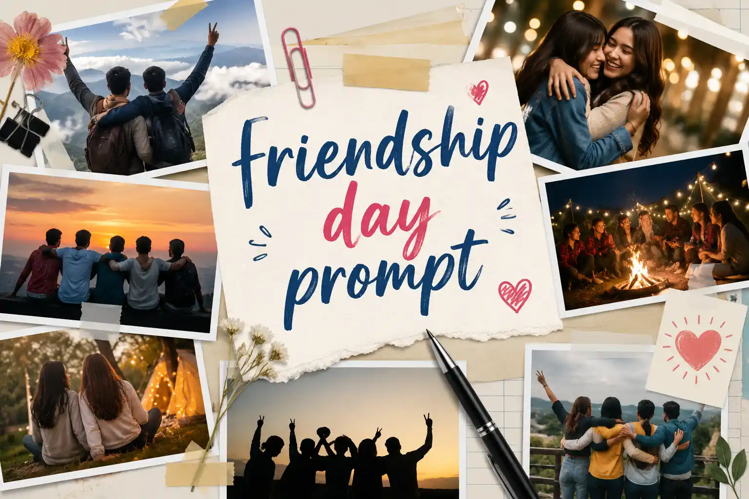 Scrapbook-style Friendship Day banner with friendship photos, nostalgic memories, and the title “Friendship Day Prompt” in the center.