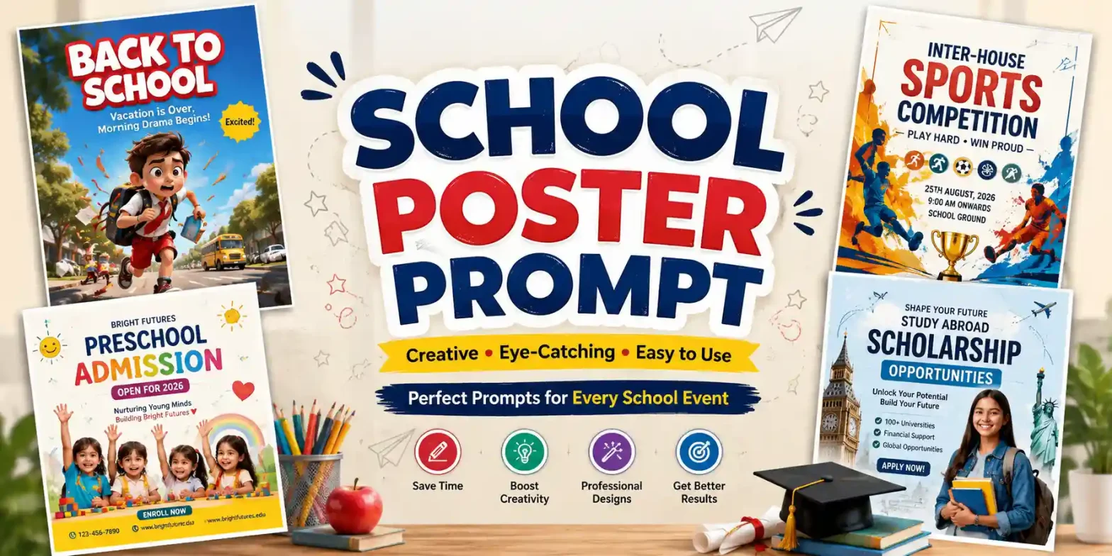 School poster prompt banner with creative AI poster designs.