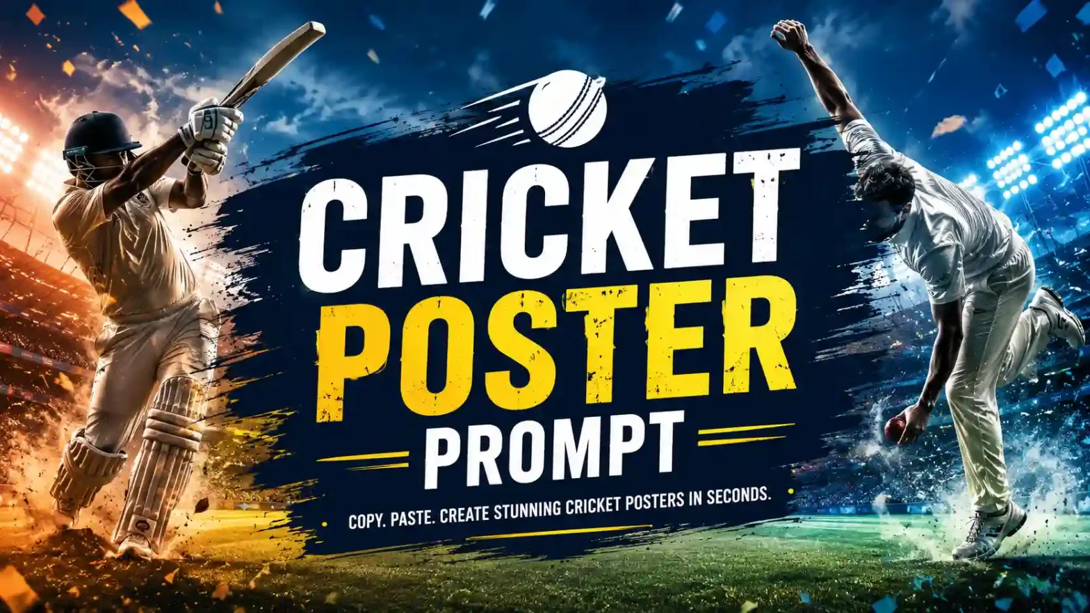 Professional cricket poster banner with batsman, bowler, stadium, and "Cricket Poster Prompt" text.