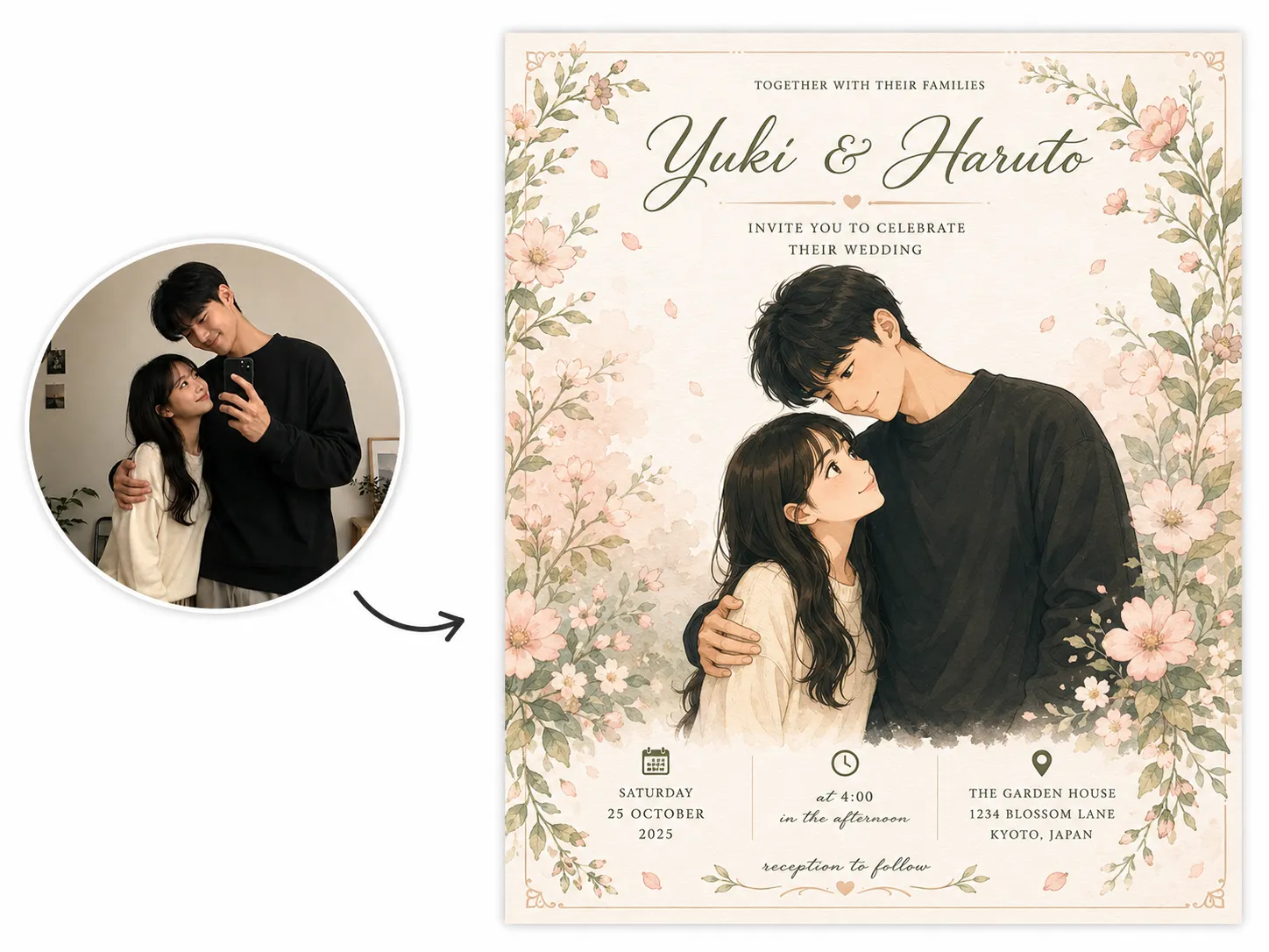 Before-and-after banner showing a couple's photo transformed into a Ghibli-style anime wedding invitation for Haruto Tanaka and Mei Lin Chen.